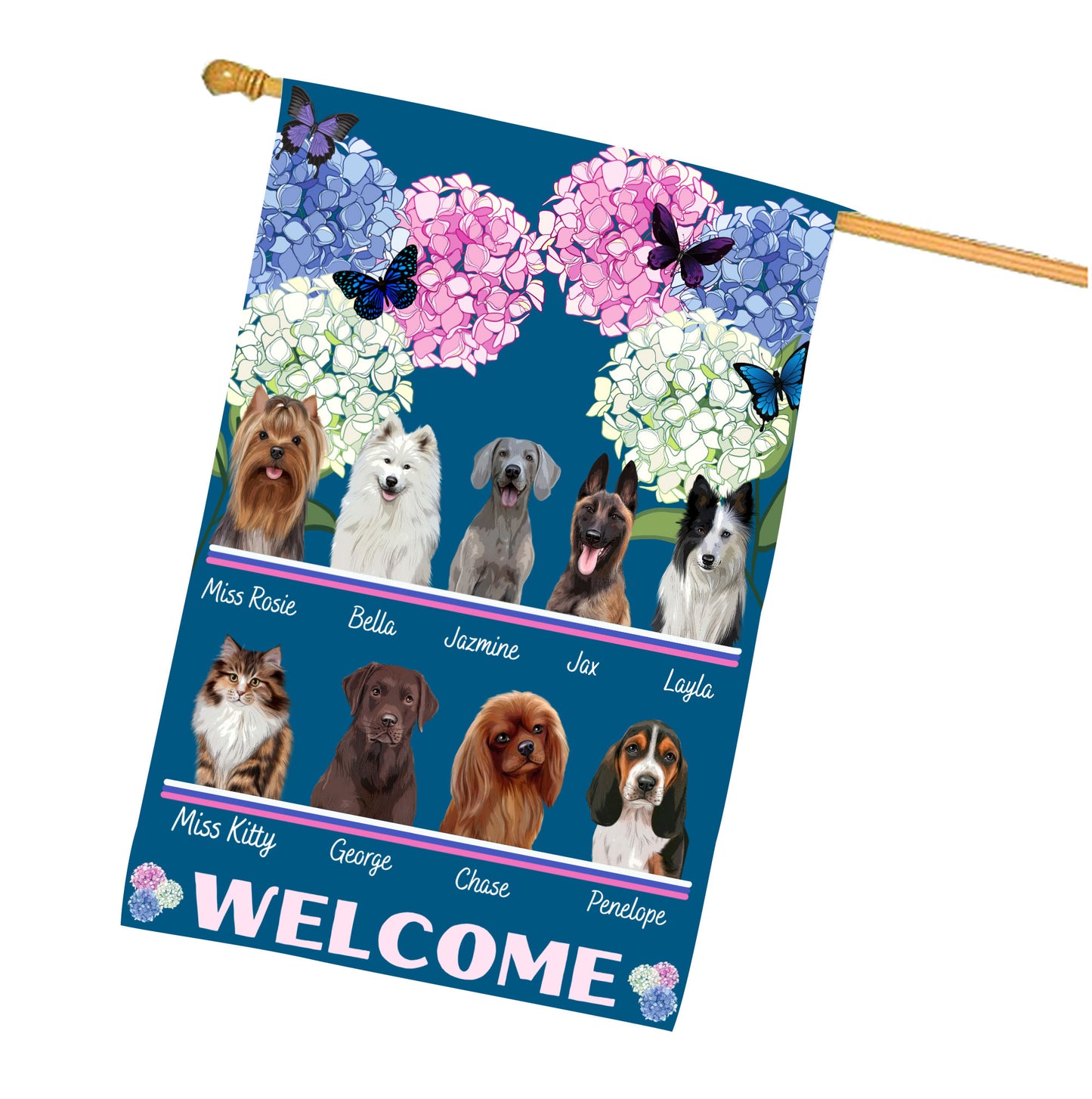 Personalized Hydrangea Floral Butterflies Dog Cat Pets House Flag 1 to 10 Pets