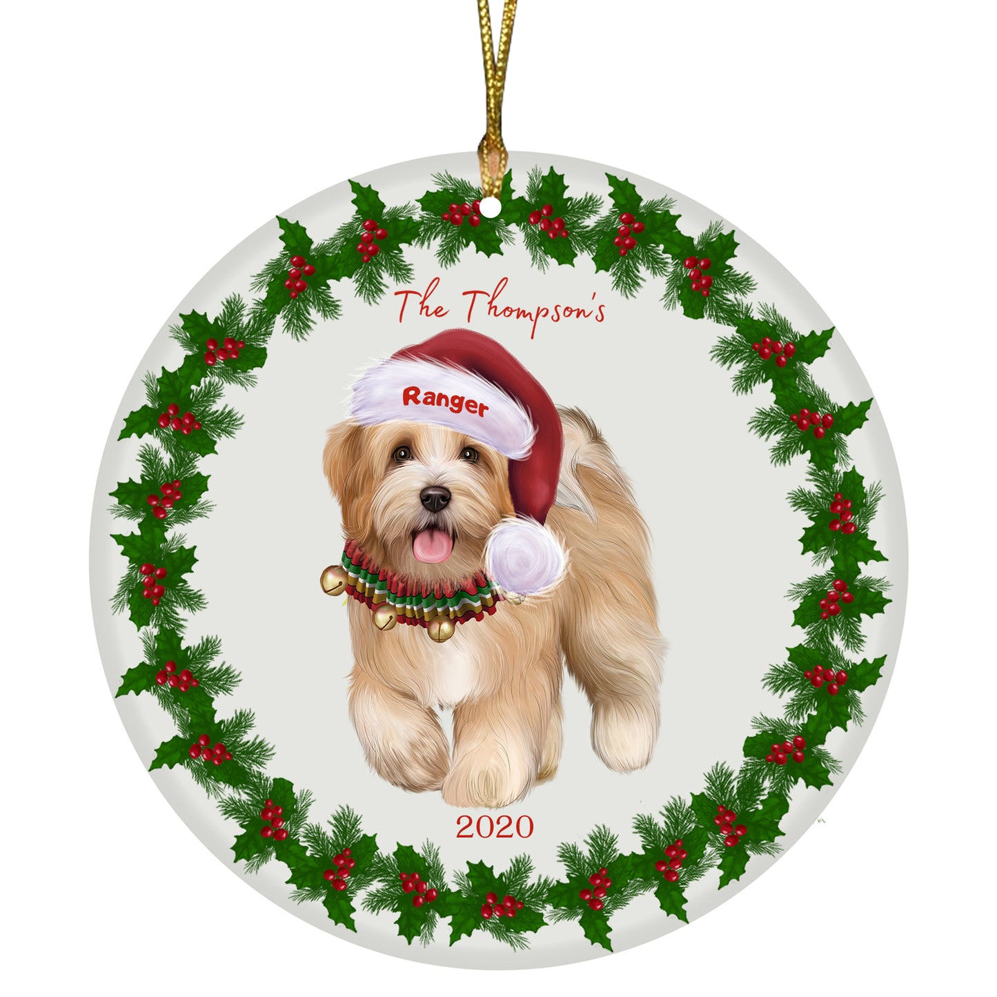 Personalized Holly Berry Trimming Havanese Dog Ceramic Round Flat Christmas Tree Ornament RFPOR48296