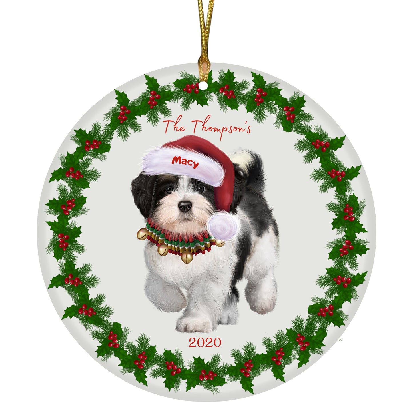Personalized Holly Berry Trimming Havanese Dog Ceramic Round Flat Christmas Tree Ornament RFPOR48297