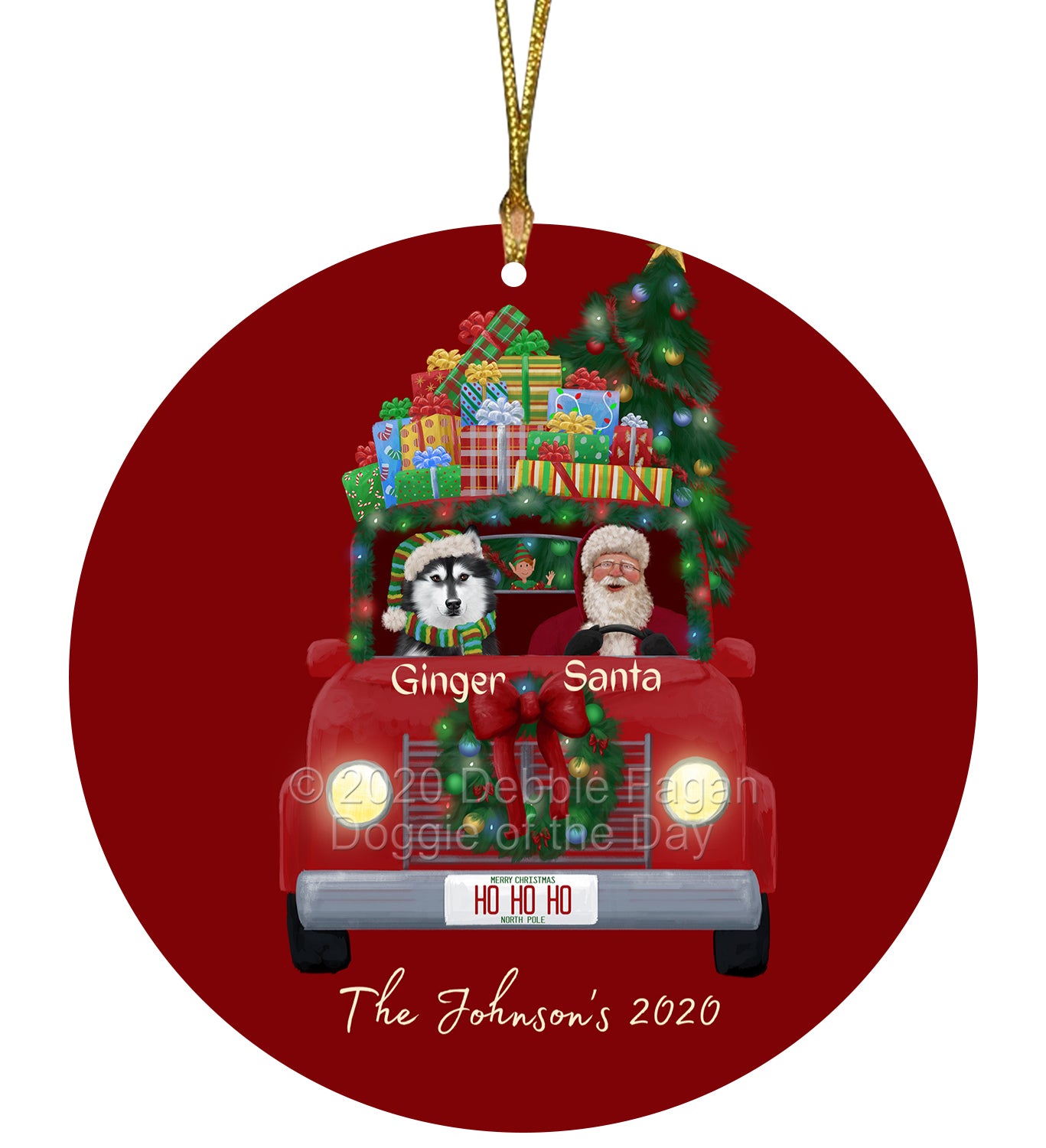 Personalized Red truck Santa with Siberian Husky Dog Ceramic Round Flat Christmas Tree Ornament RFPOR48046
