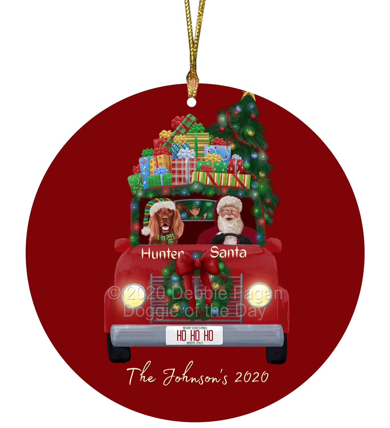 Personalized Red truck Santa with Irish Red Setter Dog Ceramic Round Flat Christmas Tree Ornament RFPOR48048