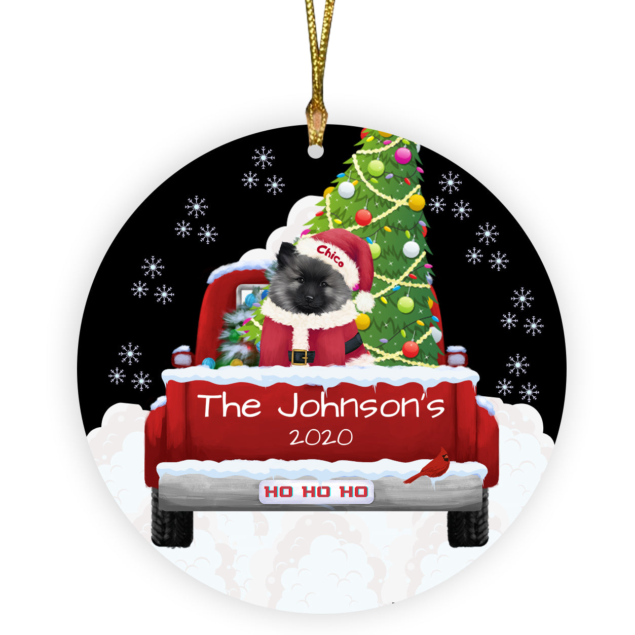 Personalized Travlin' Home for the Holidays Red Truck Keeshond Dogs Ceramic Round Flat Christmas Tree Ornament RFPOR48149