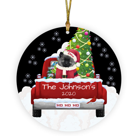 Personalized Travlin' Home for the Holidays Red Truck Keeshond Dogs Ceramic Round Flat Christmas Tree Ornament RFPOR48149