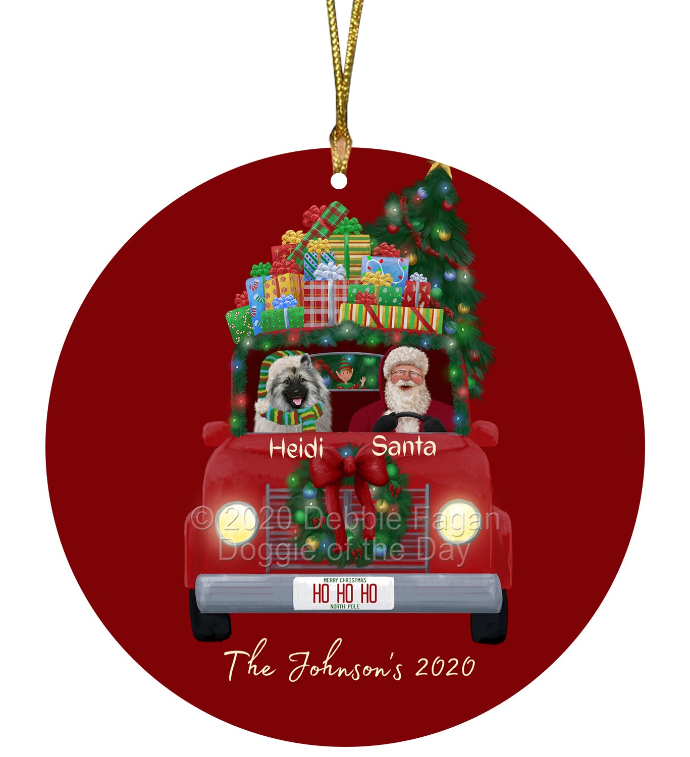 Personalized Red truck Santa with Keeshond Dog Ceramic Round Flat Christmas Tree Ornament RFPOR48049