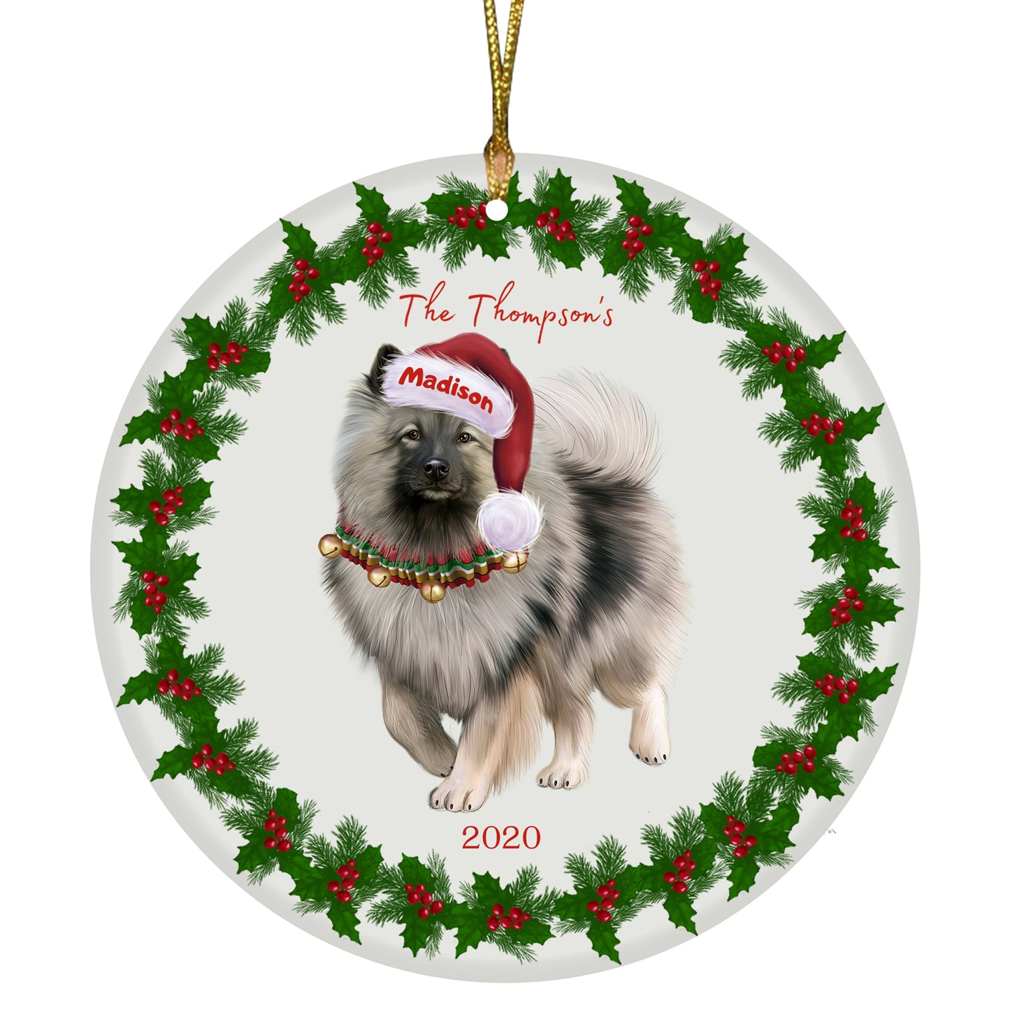 Personalized Holly Berry Trimming Keeshond Dog Ceramic Round Flat Christmas Tree Ornament RFPOR48298