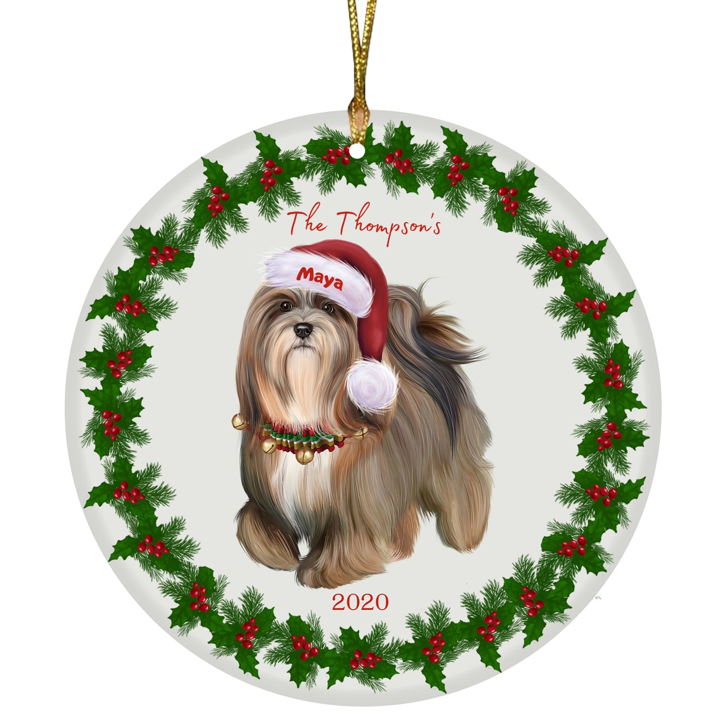 Personalized Holly Berry Trimming Lhasa Apso Dog Ceramic Round Flat Christmas Tree Ornament RFPOR48304