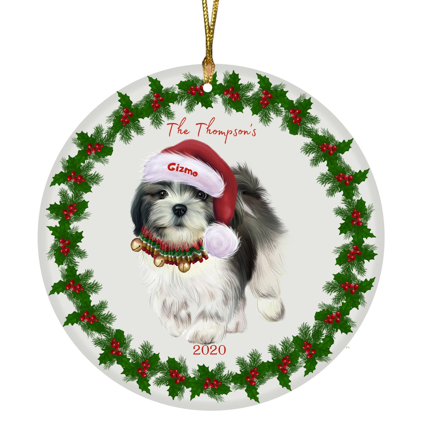 Personalized Holly Berry Trimming Lhasa Apso Dog Ceramic Round Flat Christmas Tree Ornament RFPOR48305
