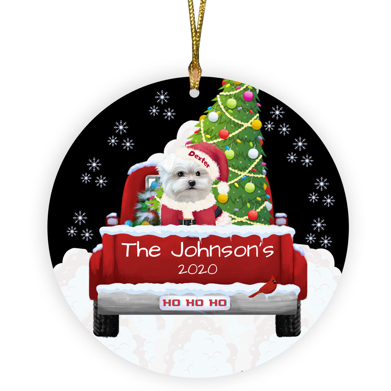 Personalized Travlin' Home for the Holidays Red Truck Maltese Dogs Ceramic Round Flat Christmas Tree Ornament RFPOR48153