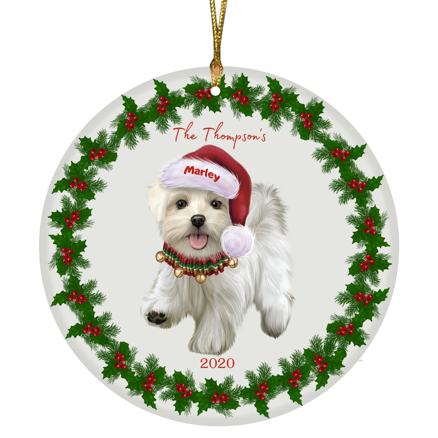 Personalized Holly Berry Trimming Maltese Dog Ceramic Round Flat Christmas Tree Ornament RFPOR48307