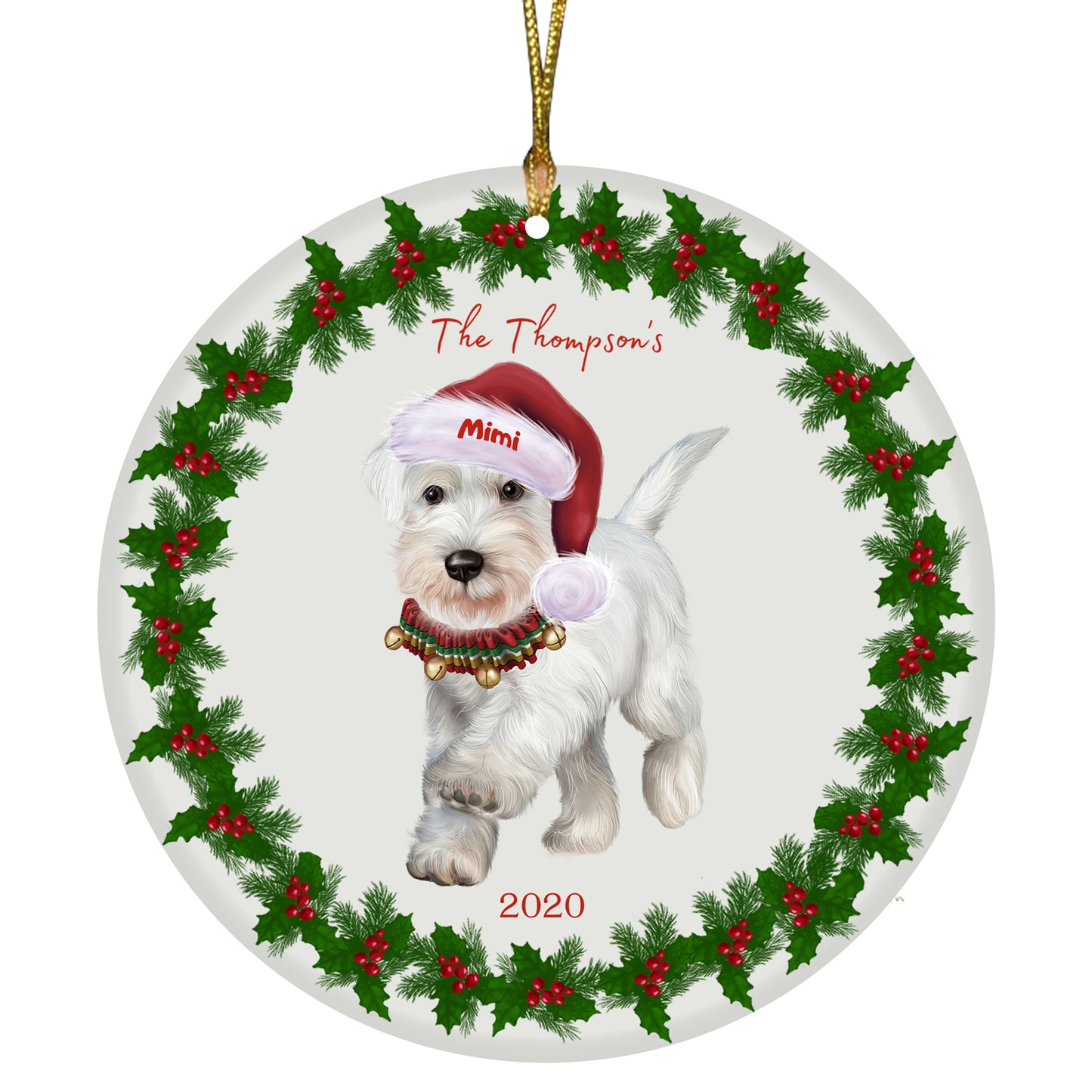 Personalized Holly Berry Trimming Schnauzer Dog Ceramic Round Flat Christmas Tree Ornament RFPOR48310