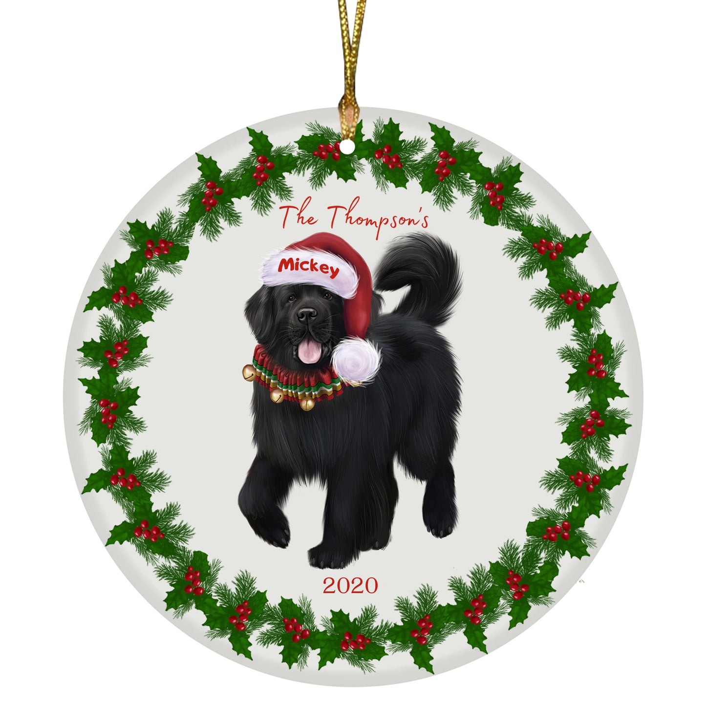 Personalized Holly Berry Trimming Newfoundland Dog Ceramic Round Flat Christmas Tree Ornament RFPOR48311