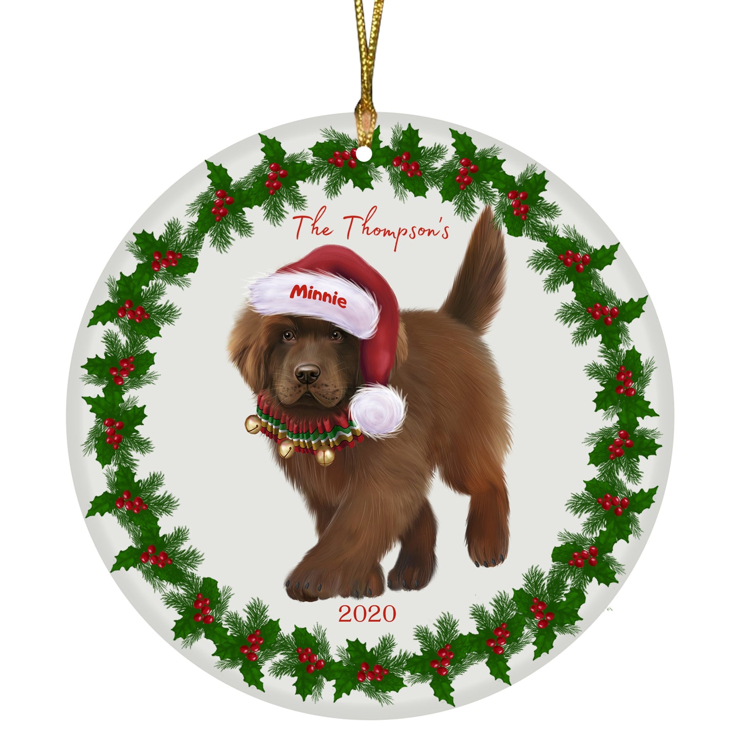Personalized Holly Berry Trimming Newfoundland Dog Ceramic Round Flat Christmas Tree Ornament RFPOR48312