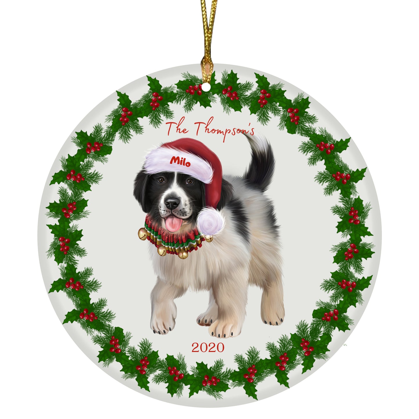 Personalized Holly Berry Trimming Newfoundland Dog Ceramic Round Flat Christmas Tree Ornament RFPOR48313