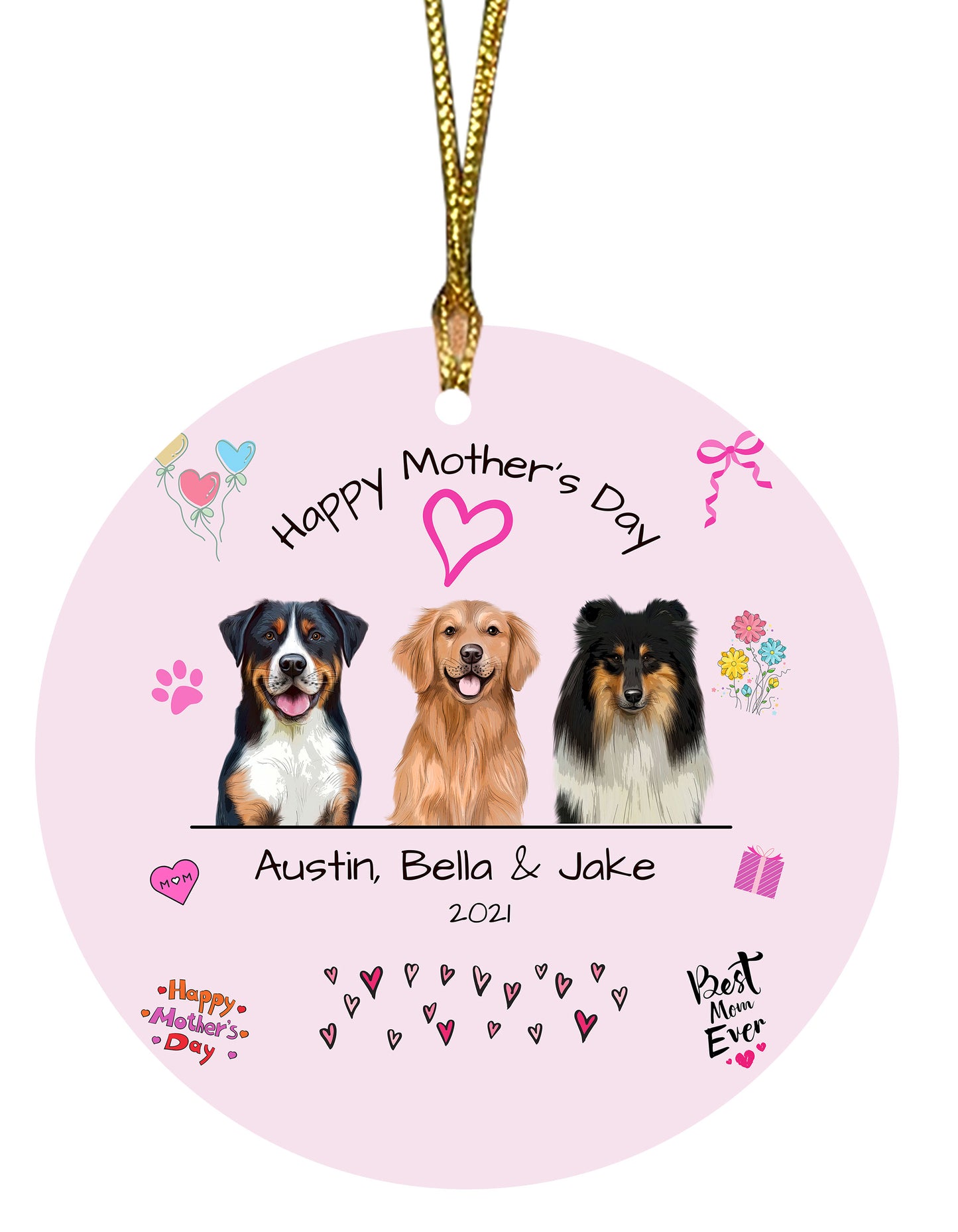 Personalized Happy Mother's Day Dog Cat Pets Round Flat Christmas Tree Ornament
