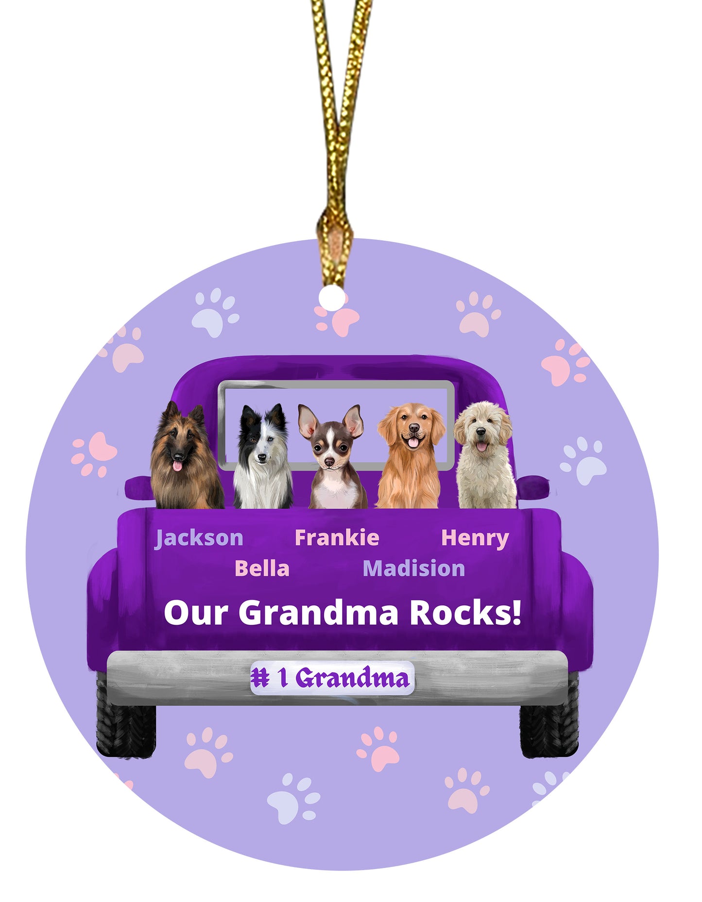 Personalized Purple Truck Dog Cat Pets Round Flat Christmas Tree Ornament 1-5 Pets