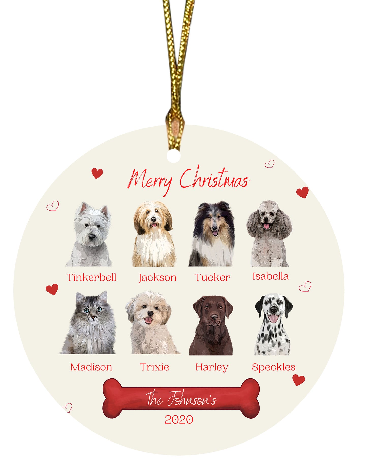 Personalized Merry Christmas Dog Cat Pets Round Flat Christmas Tree Ornament 1-8 Pets