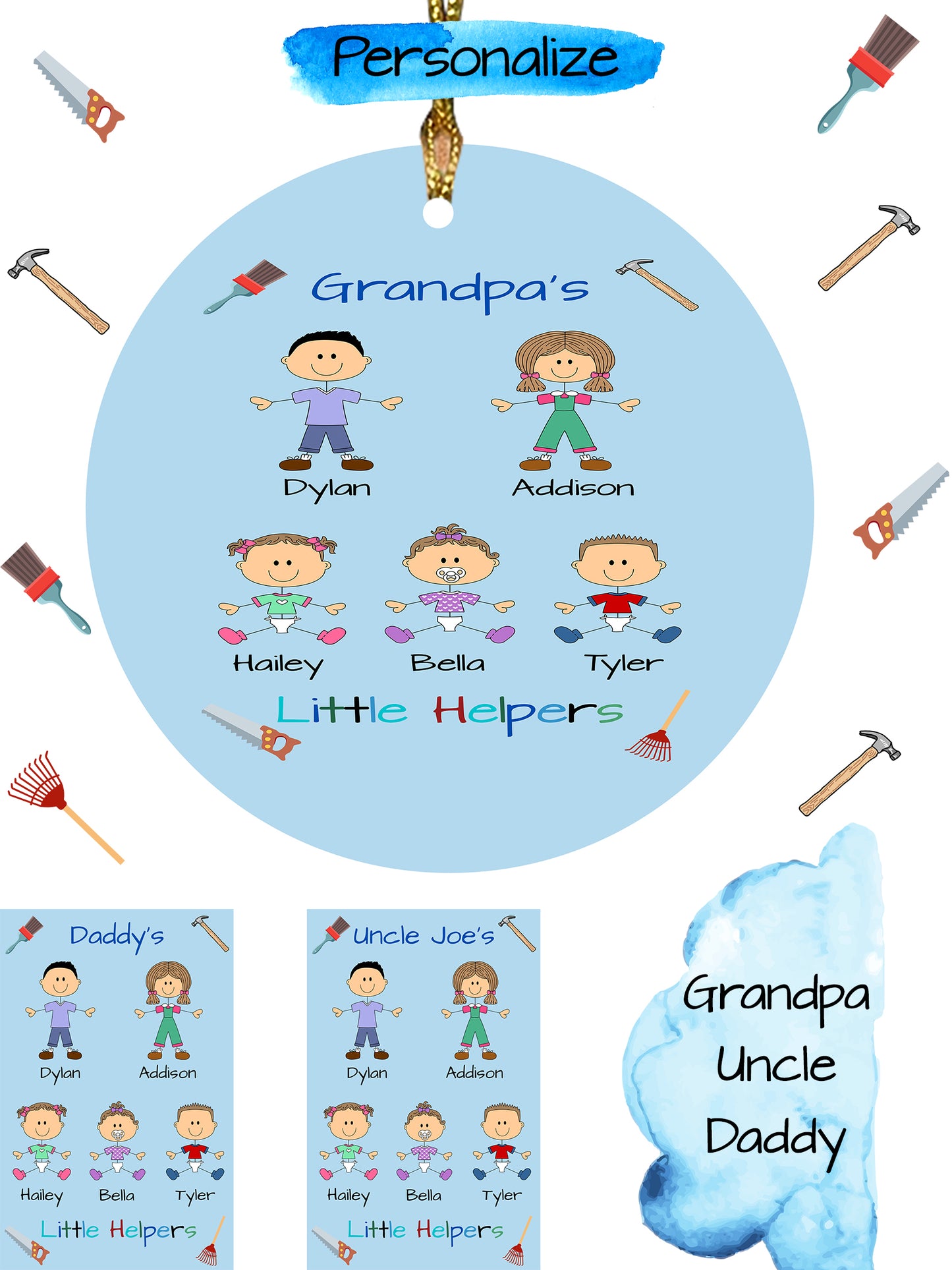 Personalized Dog Cat Pets Grandpa, Uncle, Dad, Husband or Brother's Little Helpers Round Flat Christmas Tree Ornament