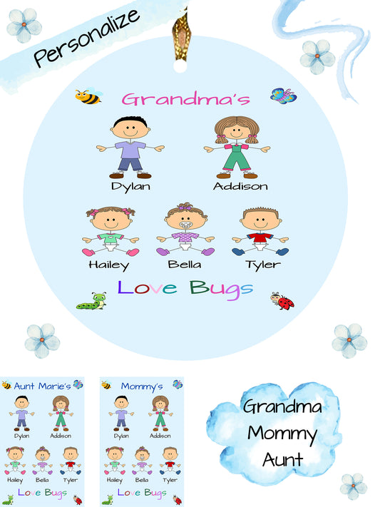 Personalized Dog Cat Pets Grandma, Aunt, Mom, Wife or Sister's Love Bugs Round Flat Christmas Tree Ornament