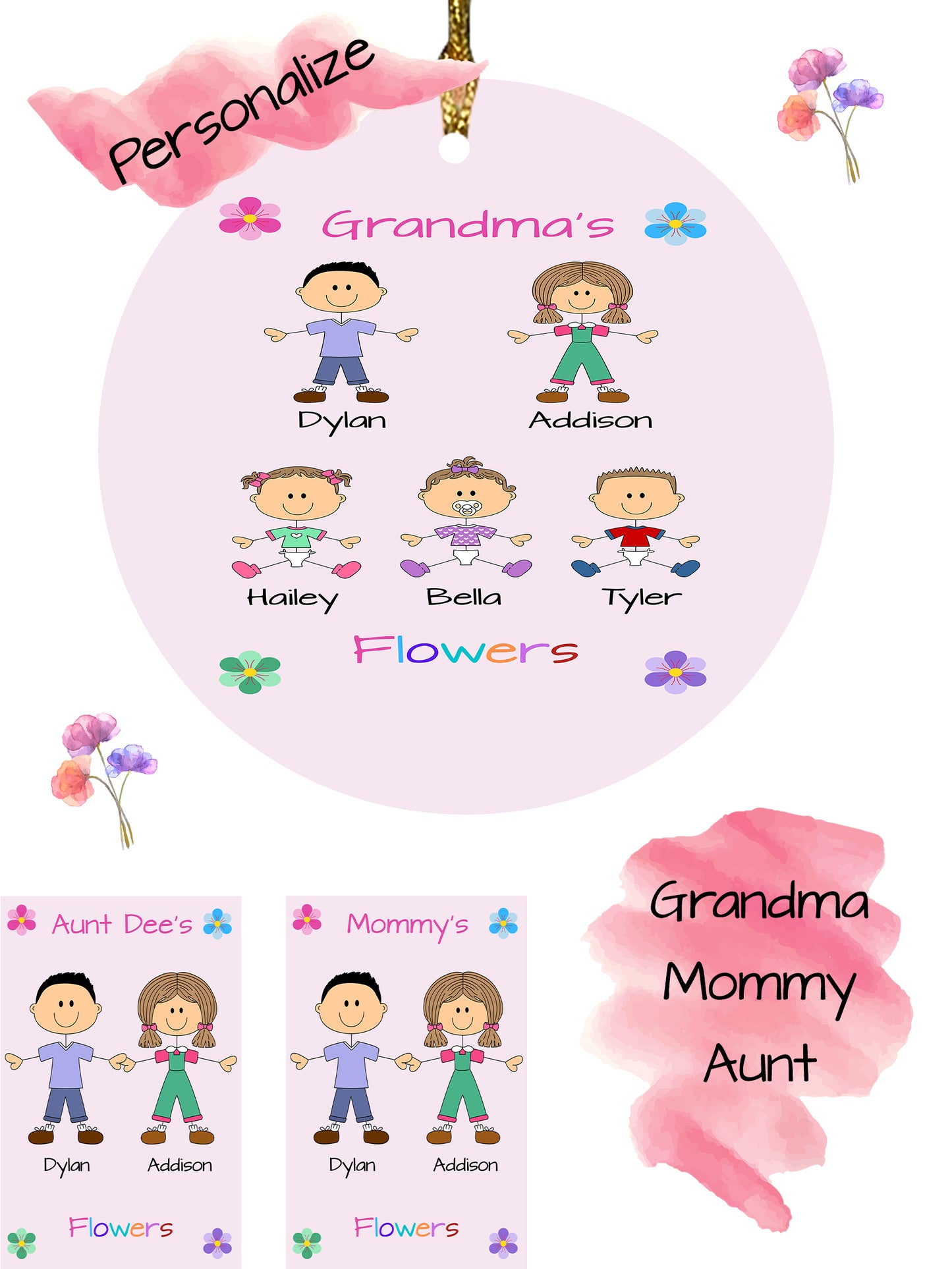 Personalized Dog Cat Pets Grandma, Aunt, Mom, Wife or Sister's Flowers Round Flat Christmas Tree Ornament