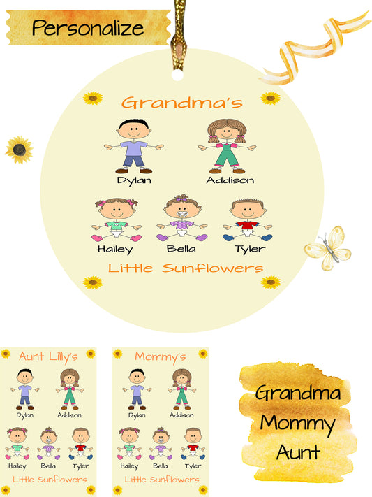 Personalized Dog Cat Pets Grandma, Aunt, Mom, Wife or Sister's Little Sun Flowers Round Flat Christmas Tree Ornament