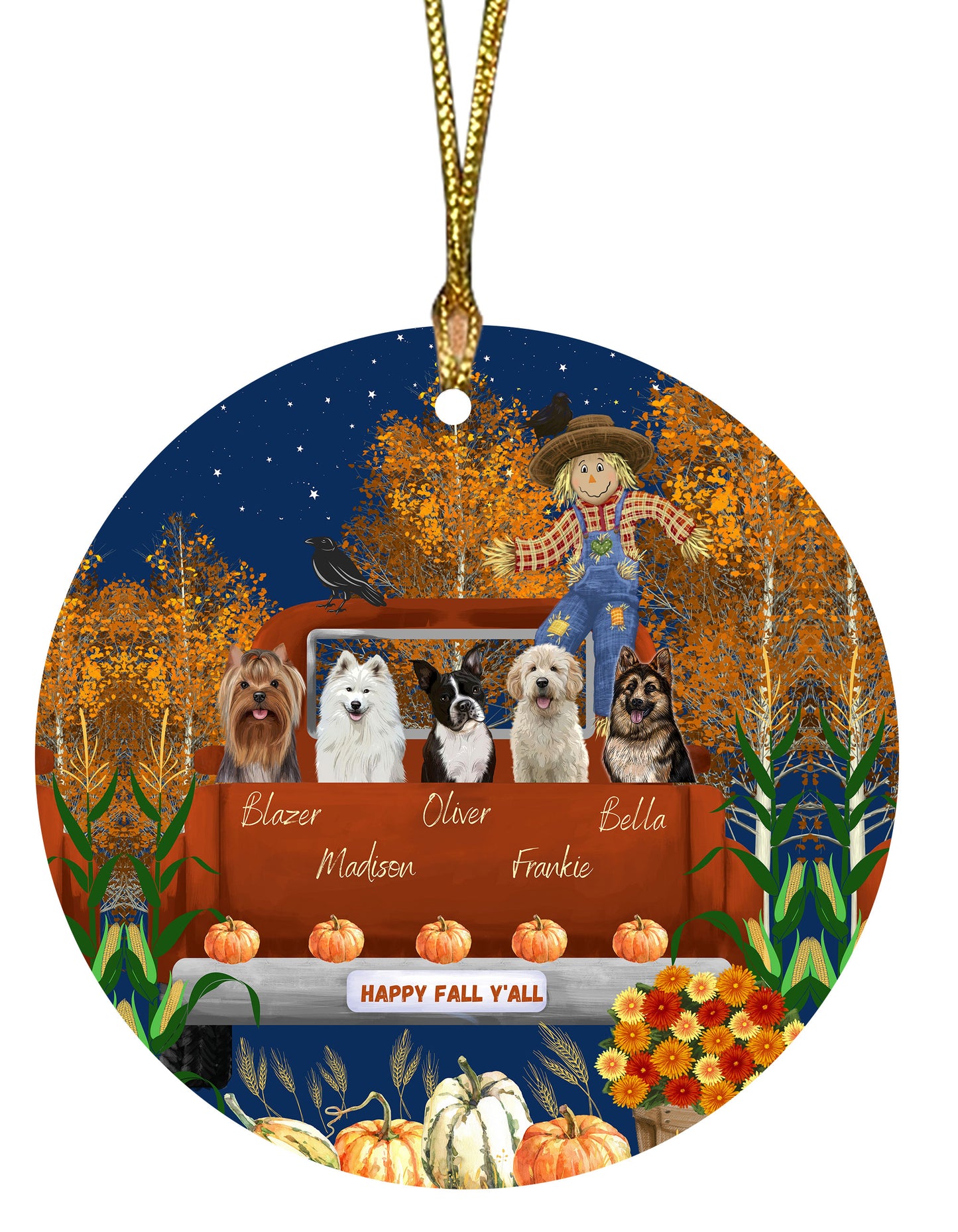 Personalized Happy Fall Y'all Dog Cat Pets Round Flat Christmas Tree Ornament 1-5 Pets