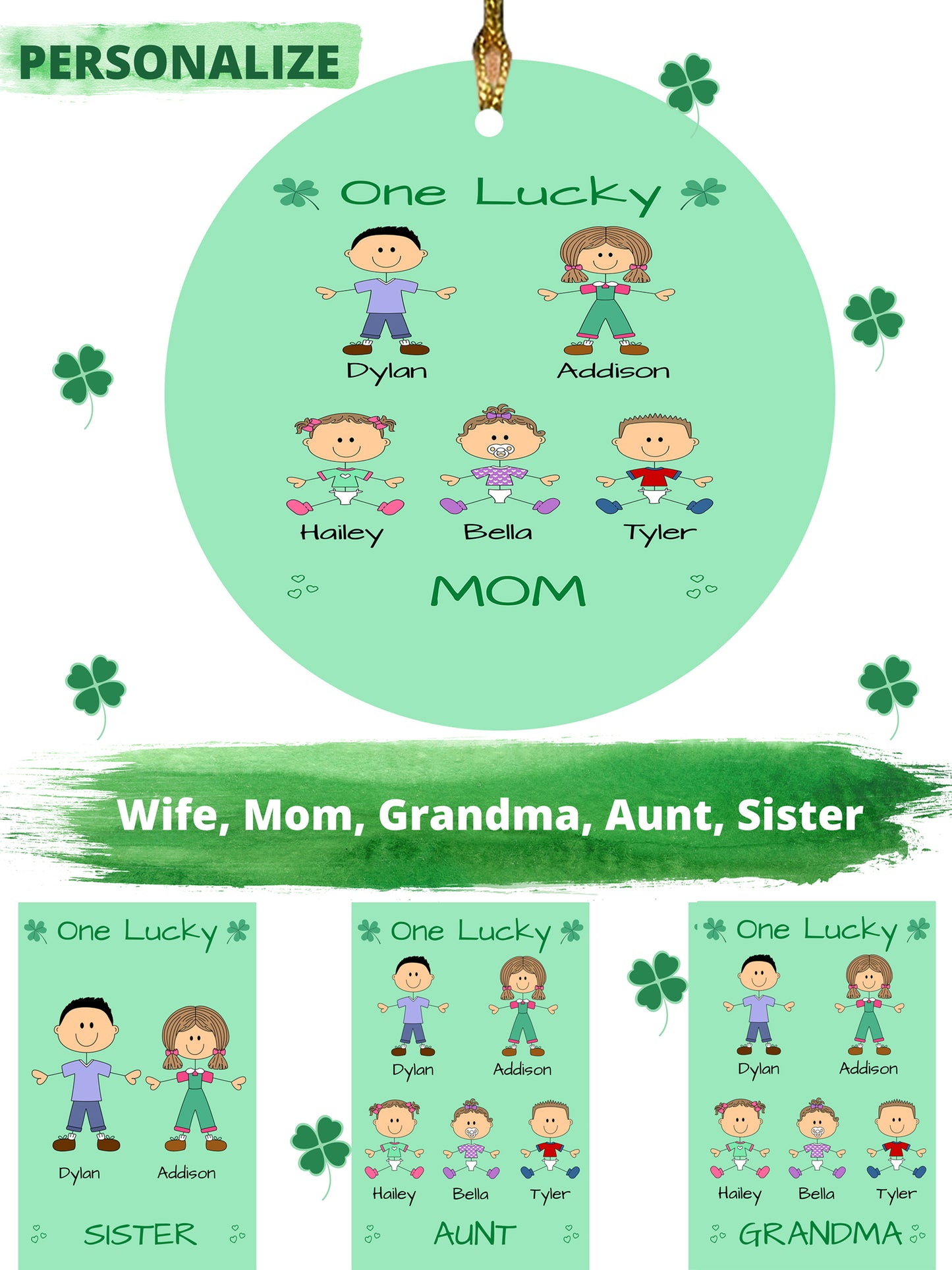 Personalized One Lucky Dog Cat Pets Grandma, Aunt, Mom, Wife or Sister Round Flat Christmas Tree Ornament
