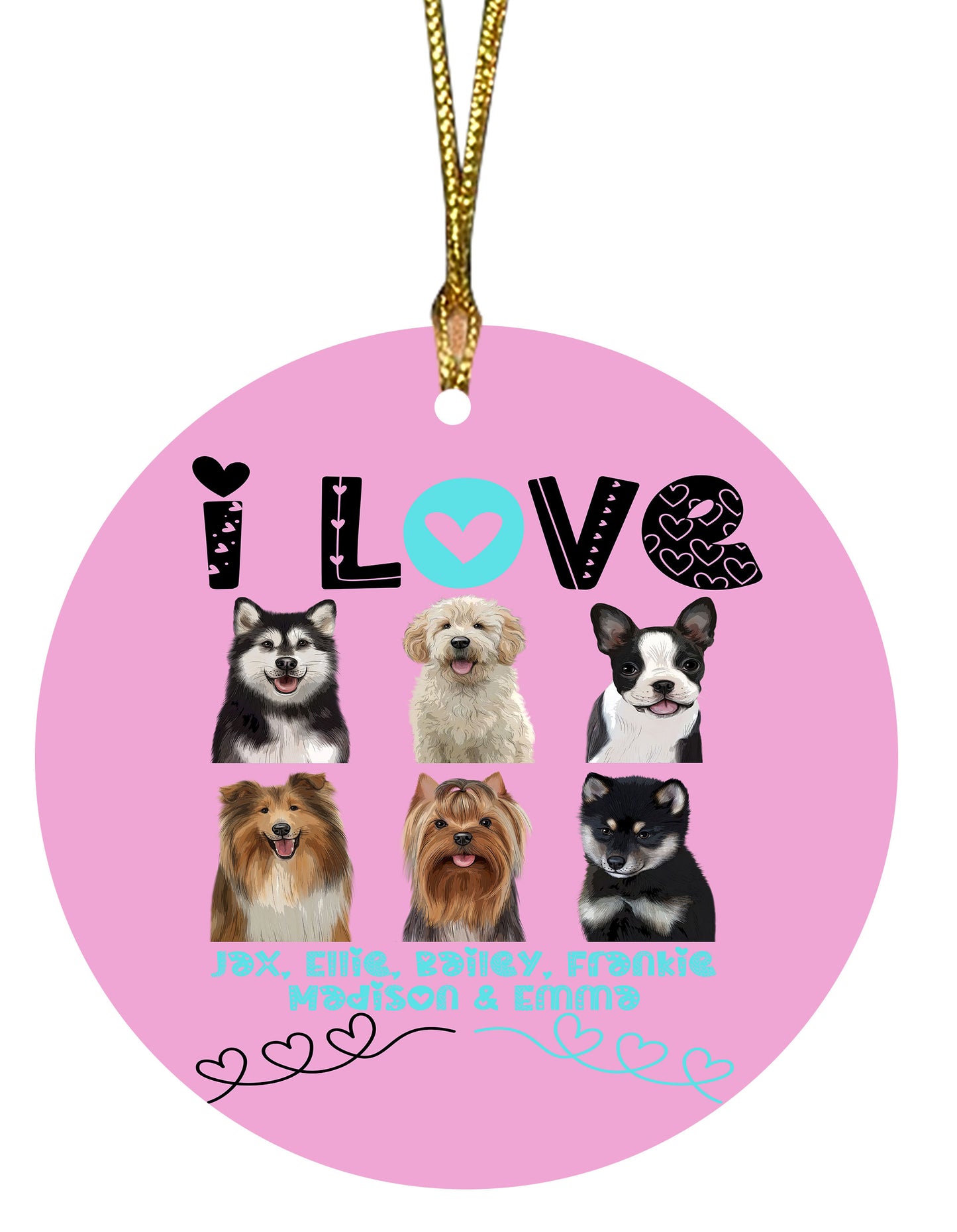 Personalized I Love Dog Cat Pets Round Flat Christmas Tree Ornament 1-6 Pets