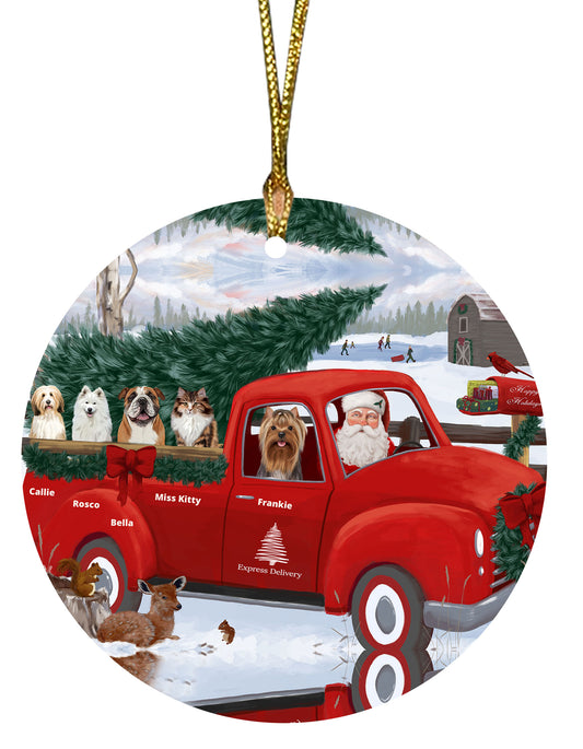 Personalized Express Red Truck Dog Cat Pets Round Flat Christmas Tree Ornament 1-5 Pets