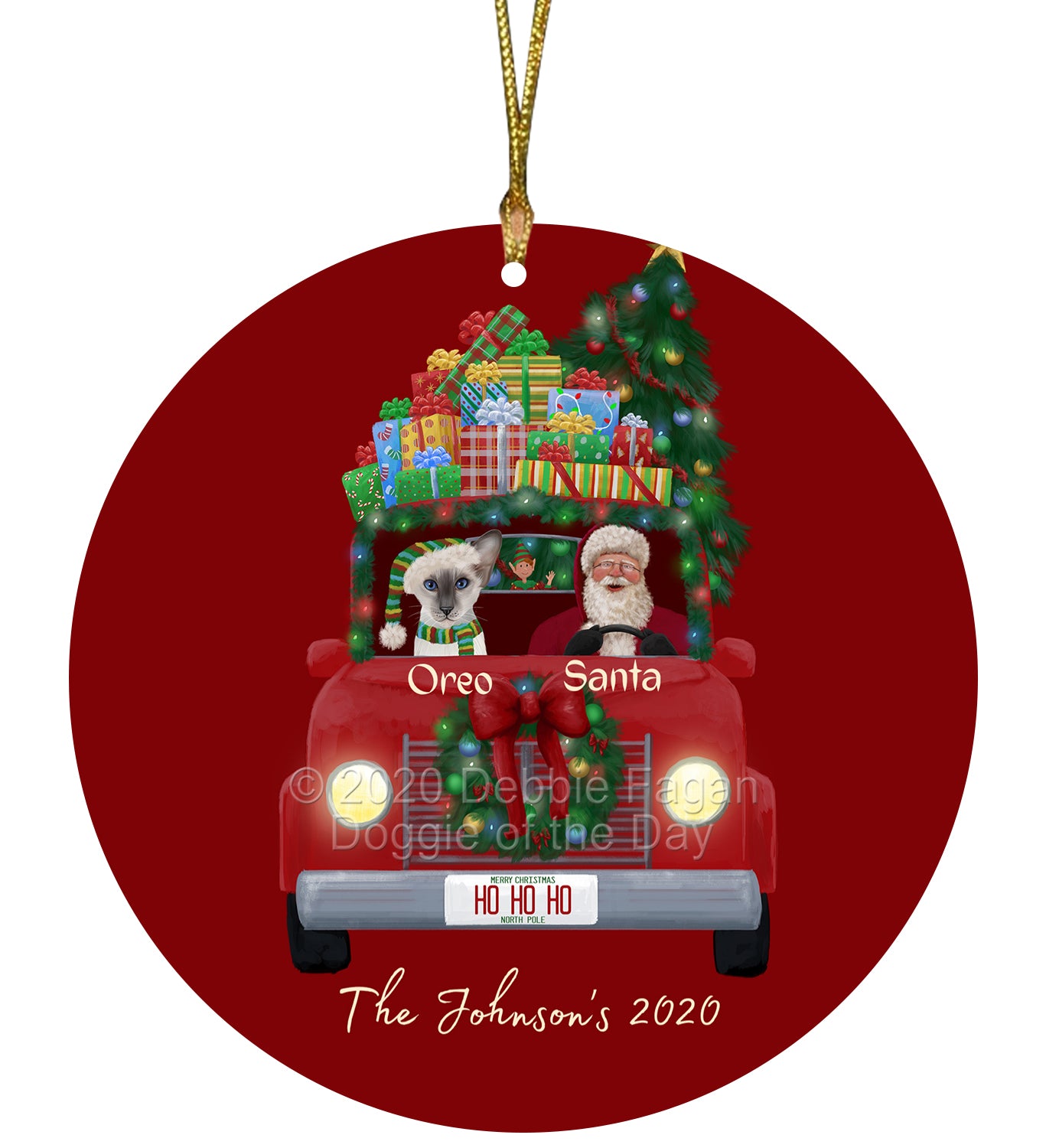 Personalized Red truck Santa with Oriental Blue-Point Siamese Cat Ceramic Round Flat Christmas Tree Ornament RFPOR48058