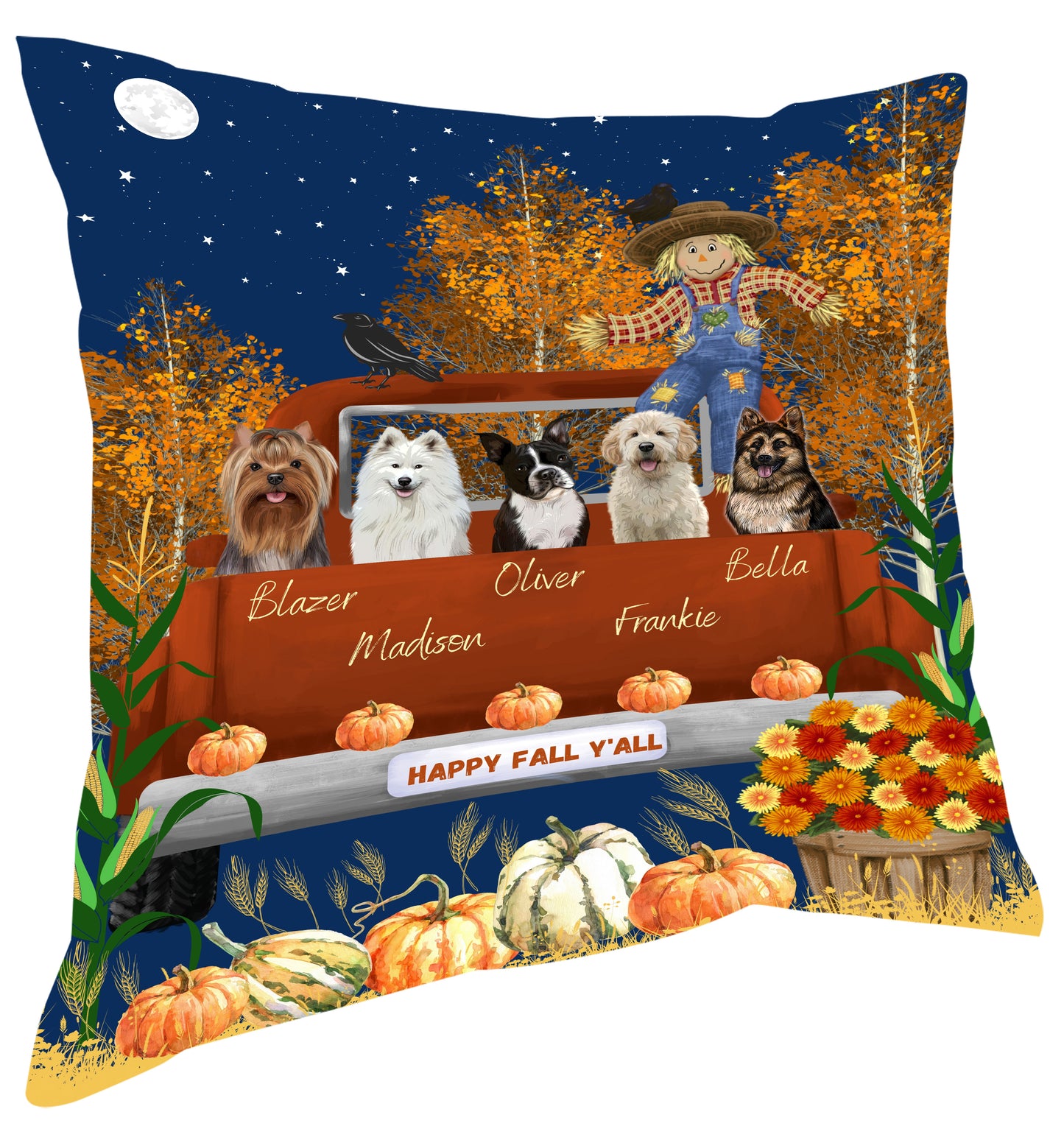 Personalized Happy Fall Y'all Dog Cat Pets Pillow 1-5 Pets