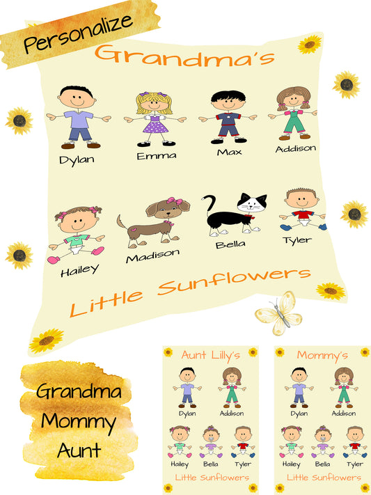 Personalized Dog Cat Pets Grandma, Aunt, Mom, Wife or Sister's Little Sun Flowers Pillow