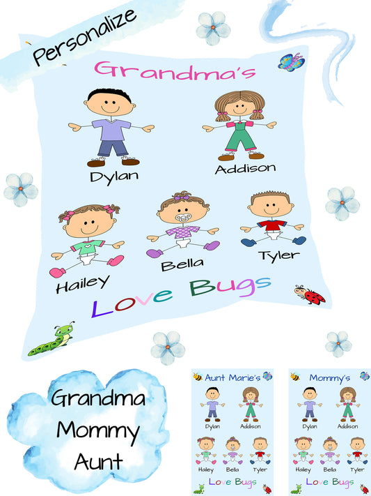 Personalized Dog Cat Pets Grandma, Aunt, Mom, Wife or Sister's Love Bugs Pillow