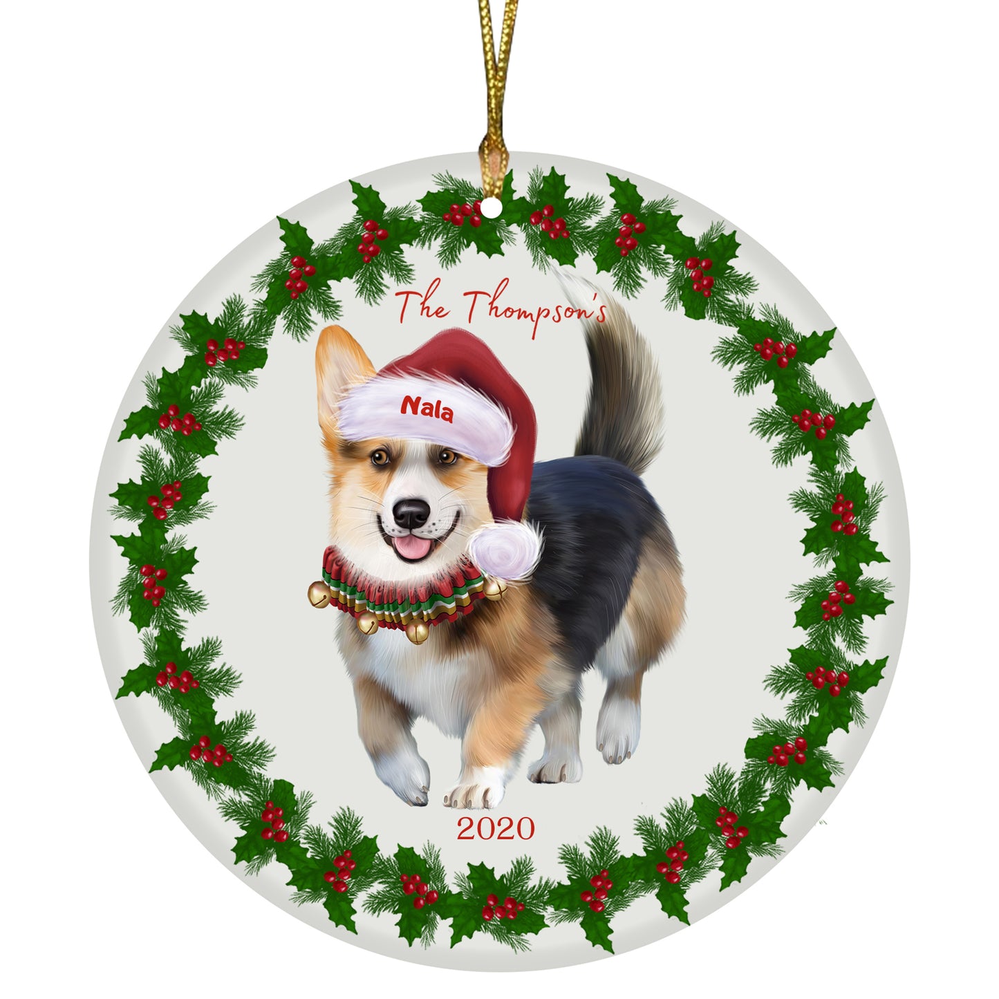 Personalized Holly Berry Trimming Pembroke Welsh Corgi Dog Ceramic Round Flat Christmas Tree Ornament RFPOR48323