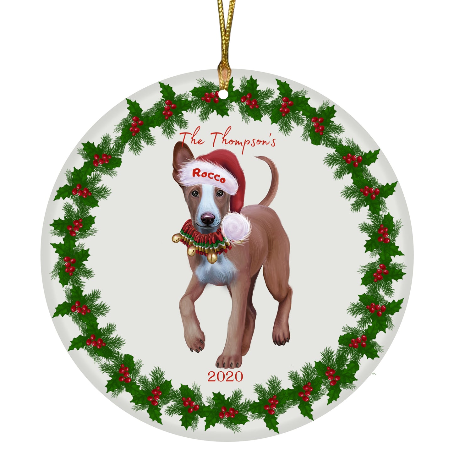 Personalized Holly Berry Trimming Pharaoh Hound Dog Ceramic Round Flat Christmas Tree Ornament RFPOR48325