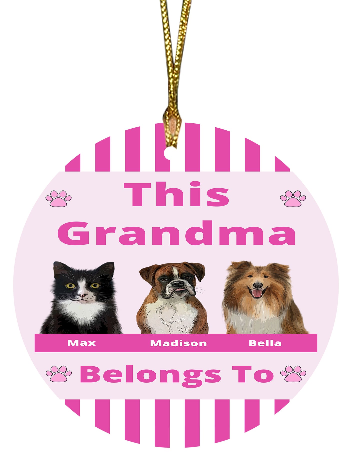 Personalized This Grandma Belongs To Dog Cat Pets Round Flat Christmas Tree Ornament 1-3 Pets