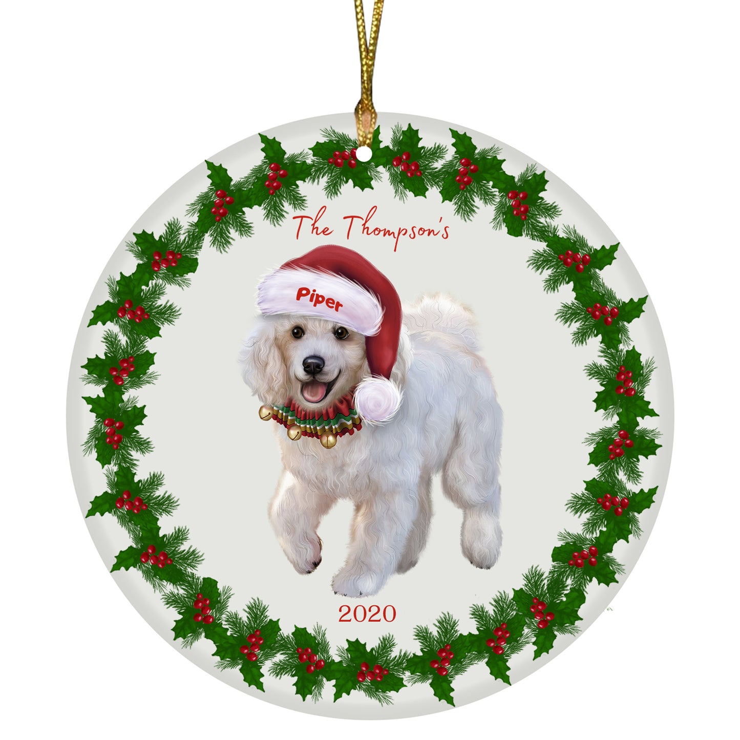 Personalized Holly Berry Trimming Poodle Dog Ceramic Round Flat Christmas Tree Ornament RFPOR48337