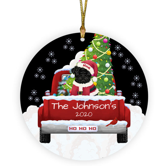 Personalized Travlin' Home for the Holidays Red Truck Pug Dogs Ceramic Round Flat Christmas Tree Ornament RFPOR48162