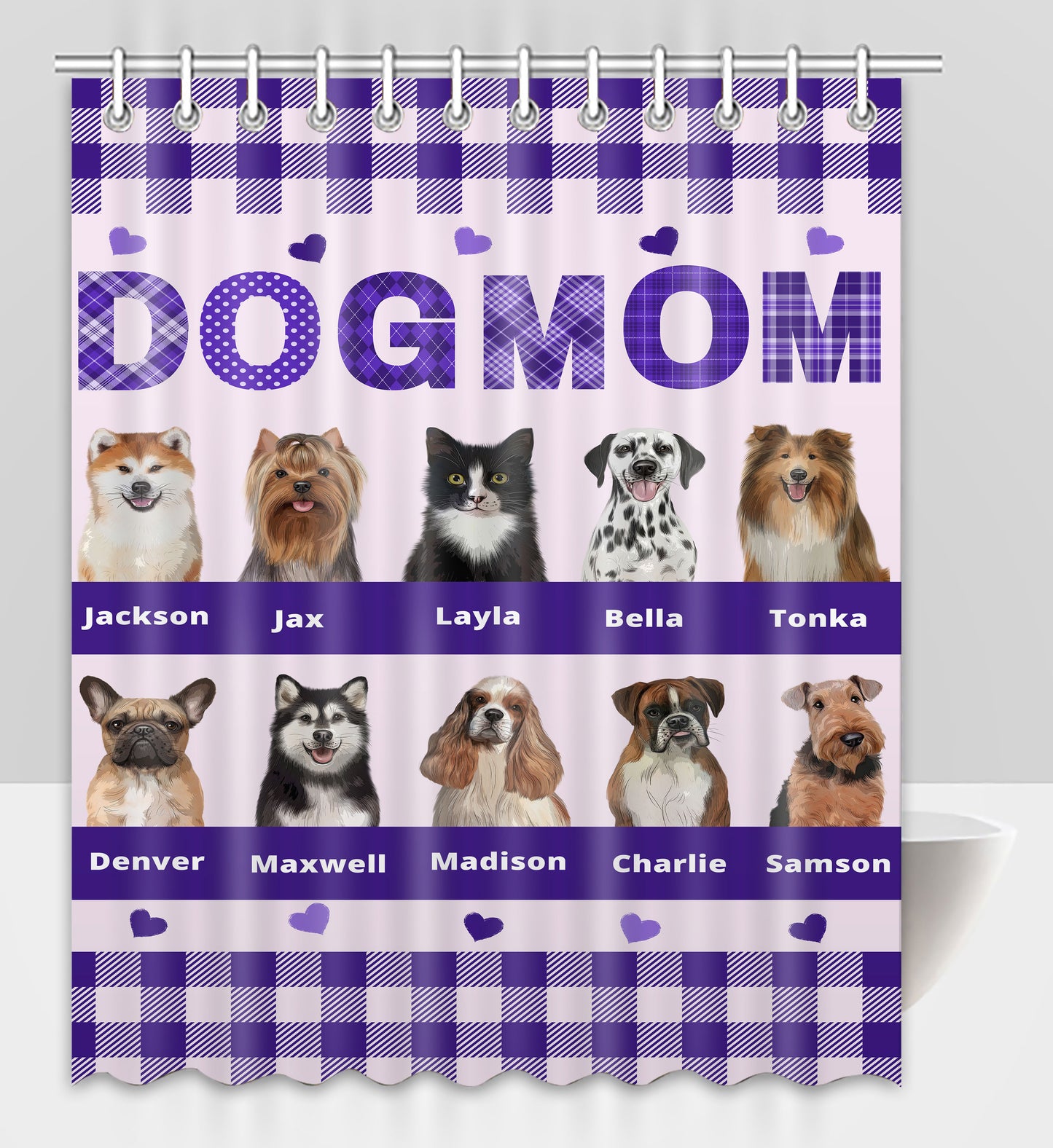 Personalized Dog MOM Pet Dog Cat Shower Curtain 1-10 pets