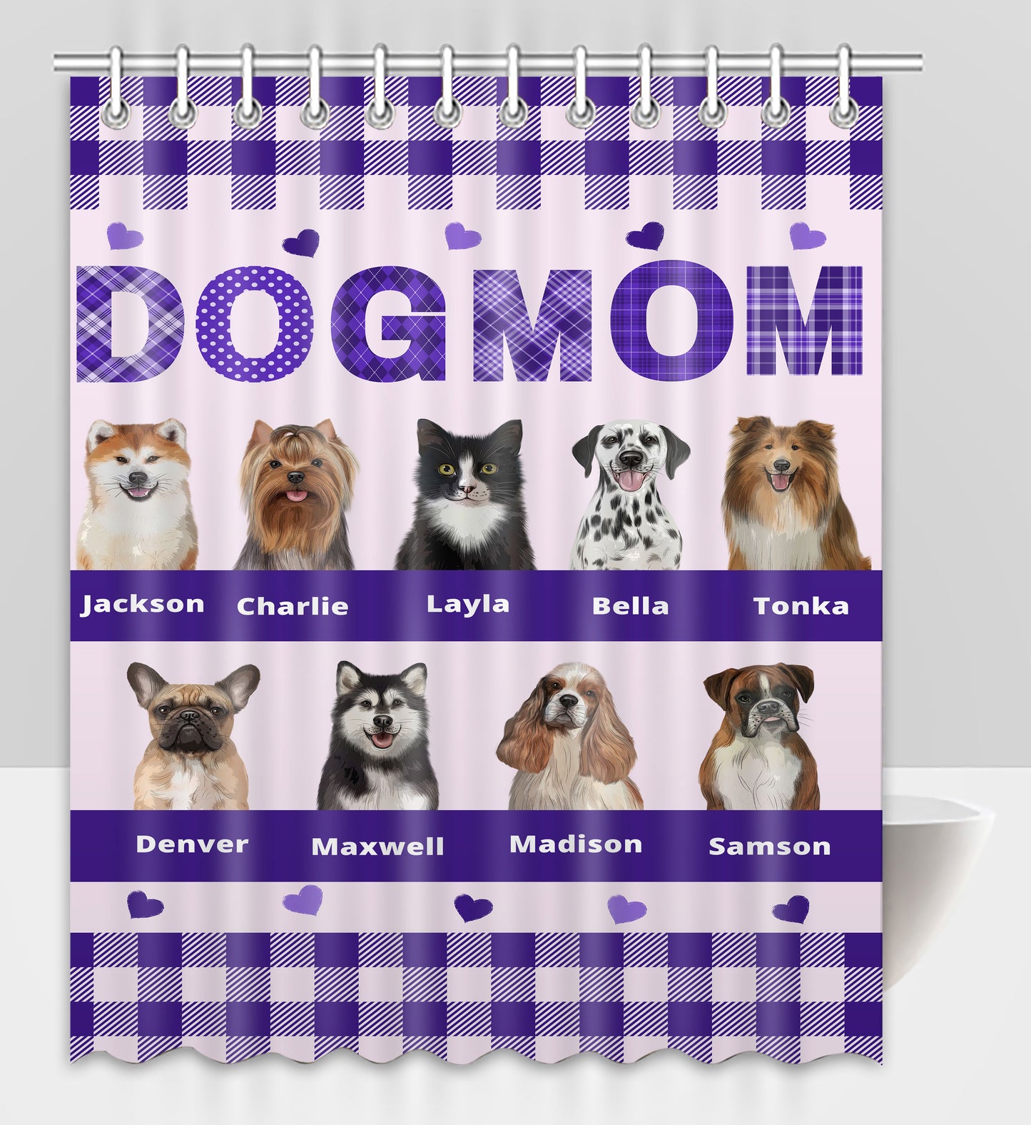 Personalized Dog MOM Pet Dog Cat Shower Curtain 1-10 pets