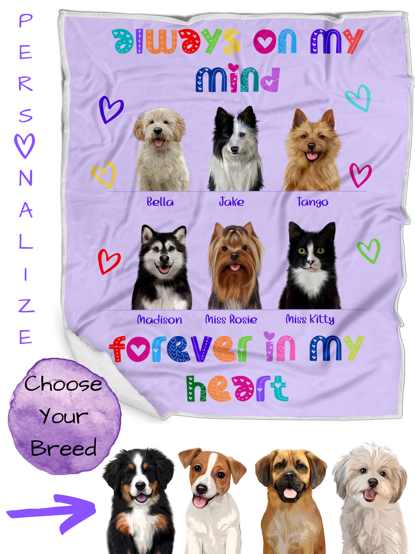 Personalized Always On My Mind Dog Cat Pets Memorial Blanket 1 to 6 Pets