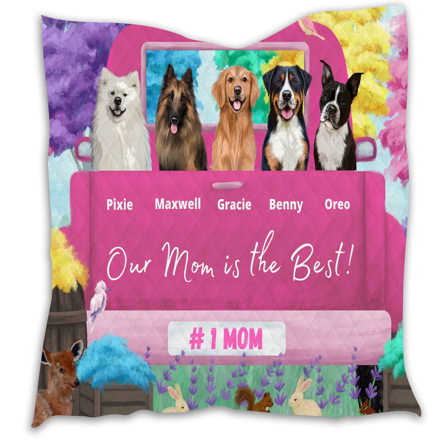 Personalized Our Mom is the Best Pink Truck Dog Cat Pets Quilt 1-5 Pets
