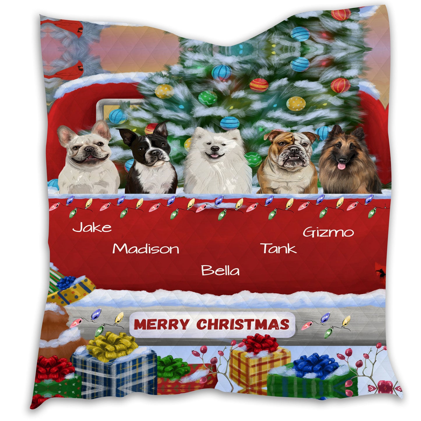 Personalized Merry Christmas Red Truck 1 Dog Cat Pets Quilt 1-5 Pets