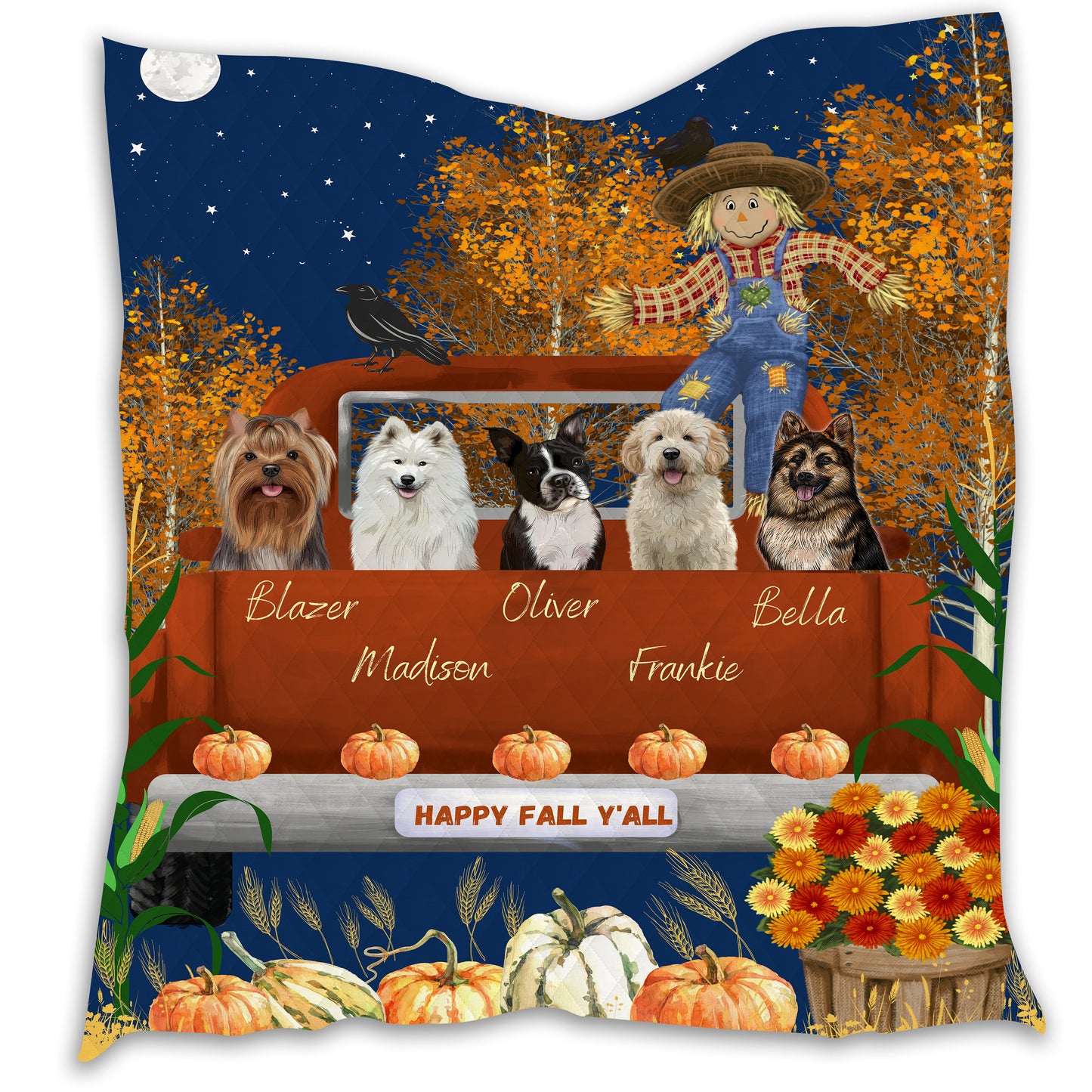 Personalized Happy Fall Y'all Dog Cat Pets Quilt 1-5 Pets