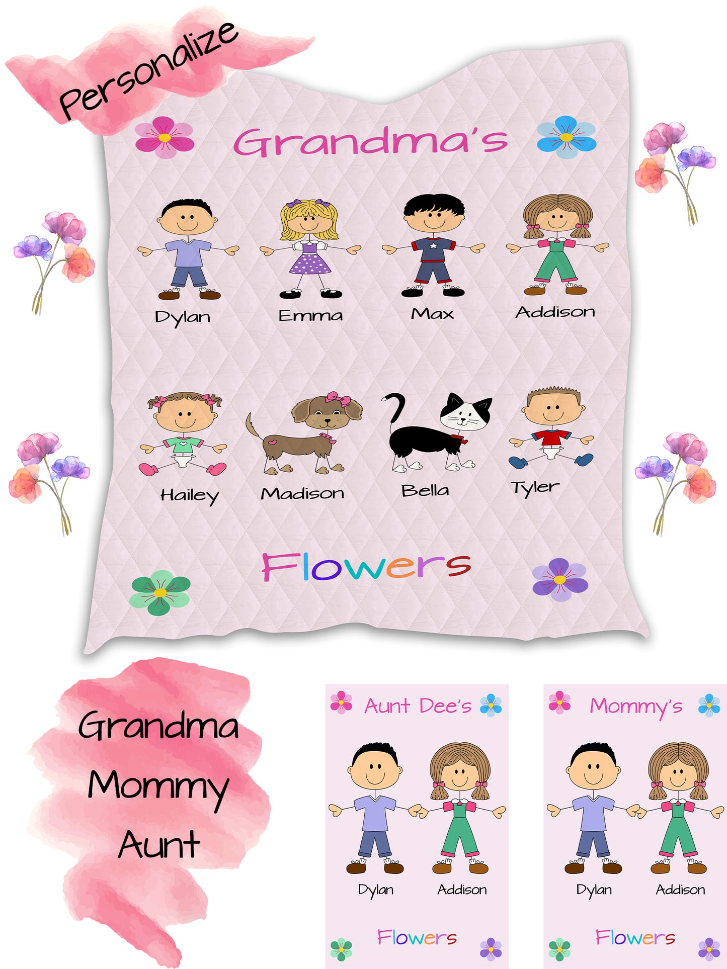 Personalized Dog Cat Pets Grandma, Aunt, Mom, Wife or Sister's Flowers Quilt