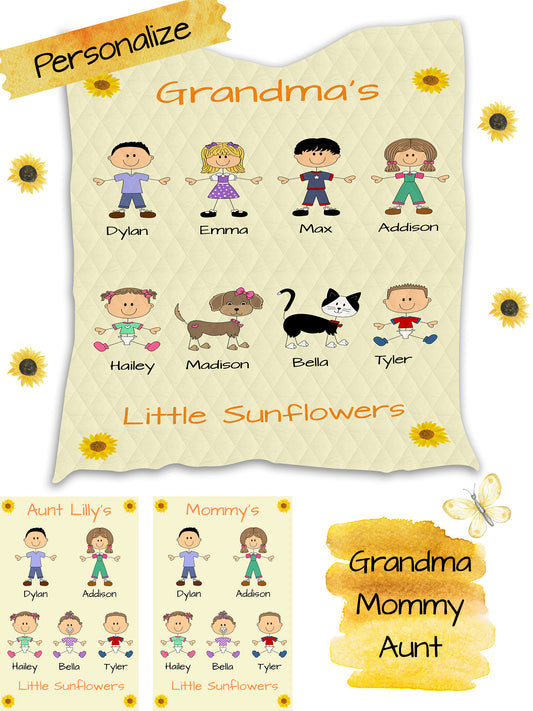 Personalized Dog Cat Pets Grandma, Aunt, Mom, Wife or Sister's Little Sun Flowers Quilt