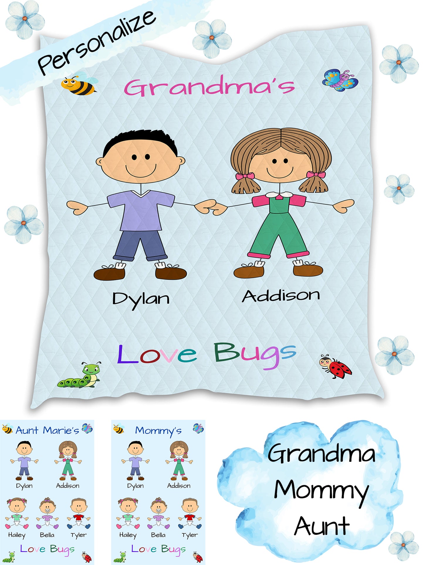 Personalized Dog Cat Pets Grandma, Aunt, Mom, Wife or Sister's Love Bugs Quilt