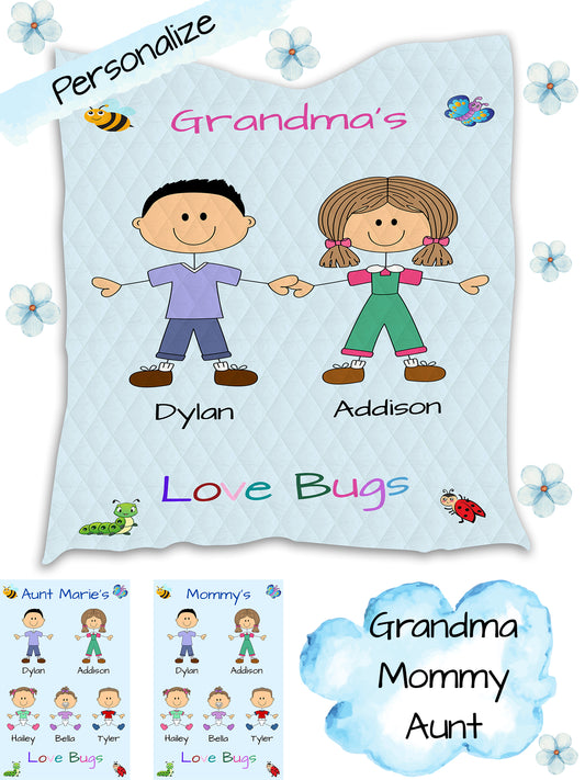 Personalized Dog Cat Pets Grandma, Aunt, Mom, Wife or Sister's Love Bugs Quilt