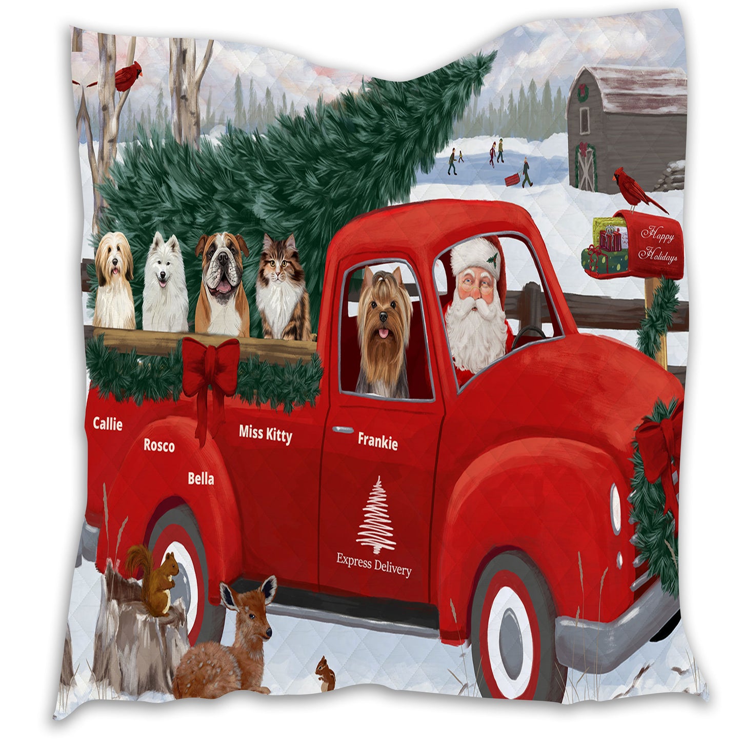 Personalized Express Red Truck Dog Cat Pets Quilt 1-5 Pets
