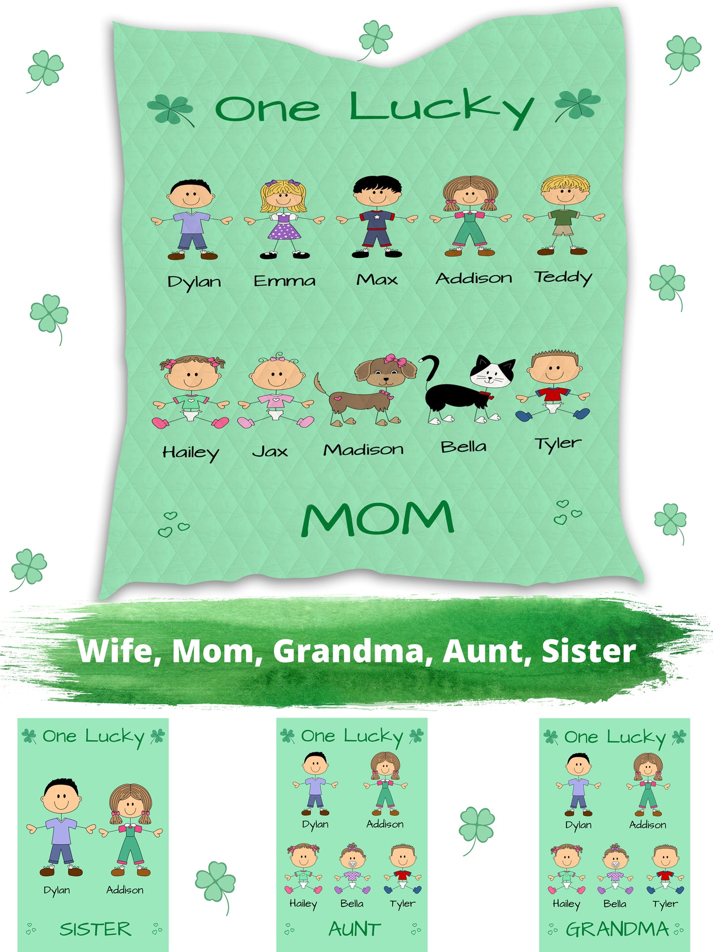 Personalized One Lucky Dog Cat Pets Grandma, Aunt, Mom, Wife or Sister Quilt