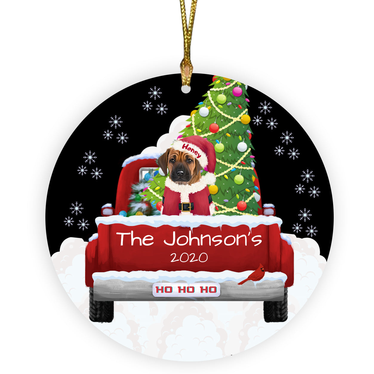 Personalized Travlin' Home for the Holidays Red Truck Rhodesian Ridgeback Dogs Ceramic Round Flat Christmas Tree Ornament RFPOR48164